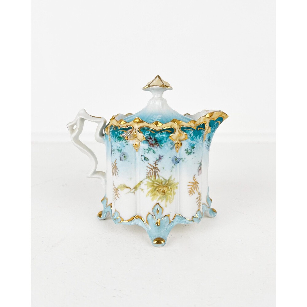 RS Antique Prussia Steeple Mold Syrup Pitcher w Lid Cerulean Blue Gold Floral